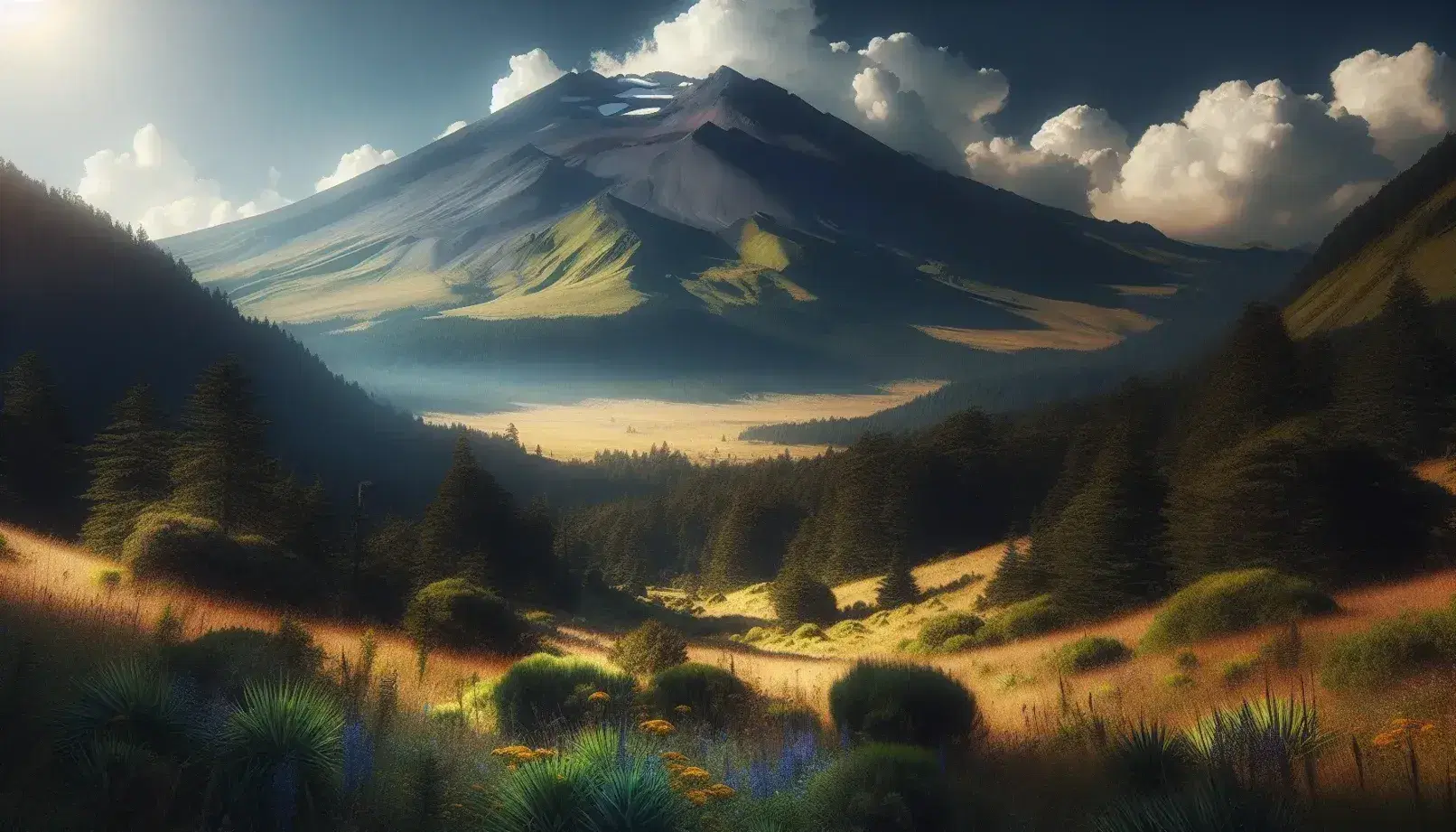 Vista panorámica del volcán Xinantécatl con su cima entre nubes, campo verde en primer plano y cielo azul despejado.