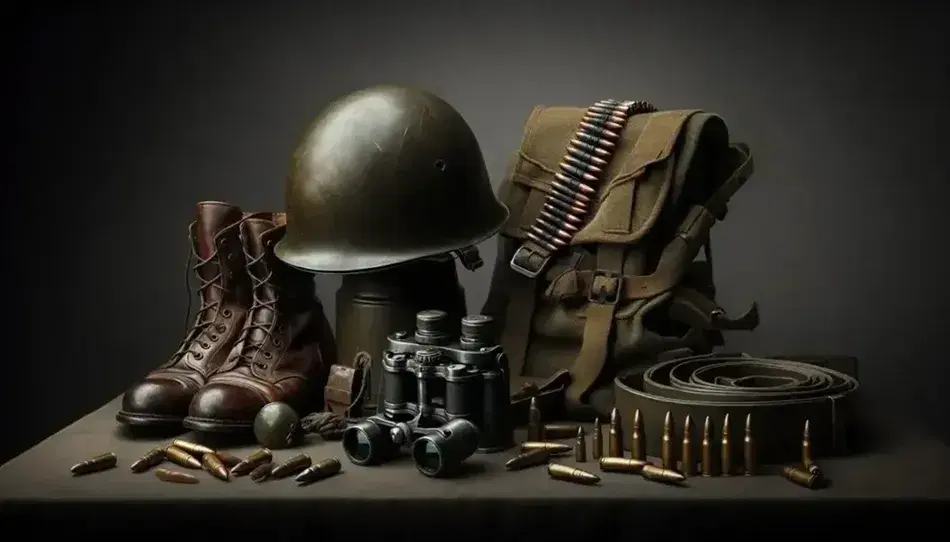 WWII military memorabilia with green helmet, leather boots, canvas belt, binoculars and bullet casings on monochrome background.