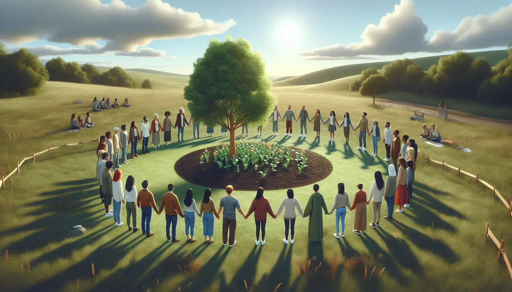 Grupo diverso unido de manos alrededor de un árbol joven en un campo verde bajo un cielo azul claro, simbolizando unidad y cuidado ambiental.