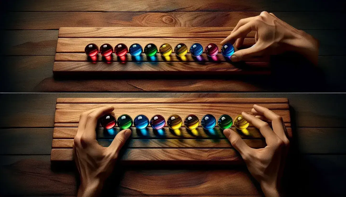 Two hands on a wooden surface hold five colored marbles each, arranged in a horizontal row in a different order.