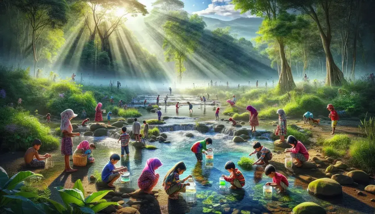 Niños jugando y explorando en la ribera de un río cristalino rodeado de vegetación verde, bajo un cielo azul con montañas al fondo.