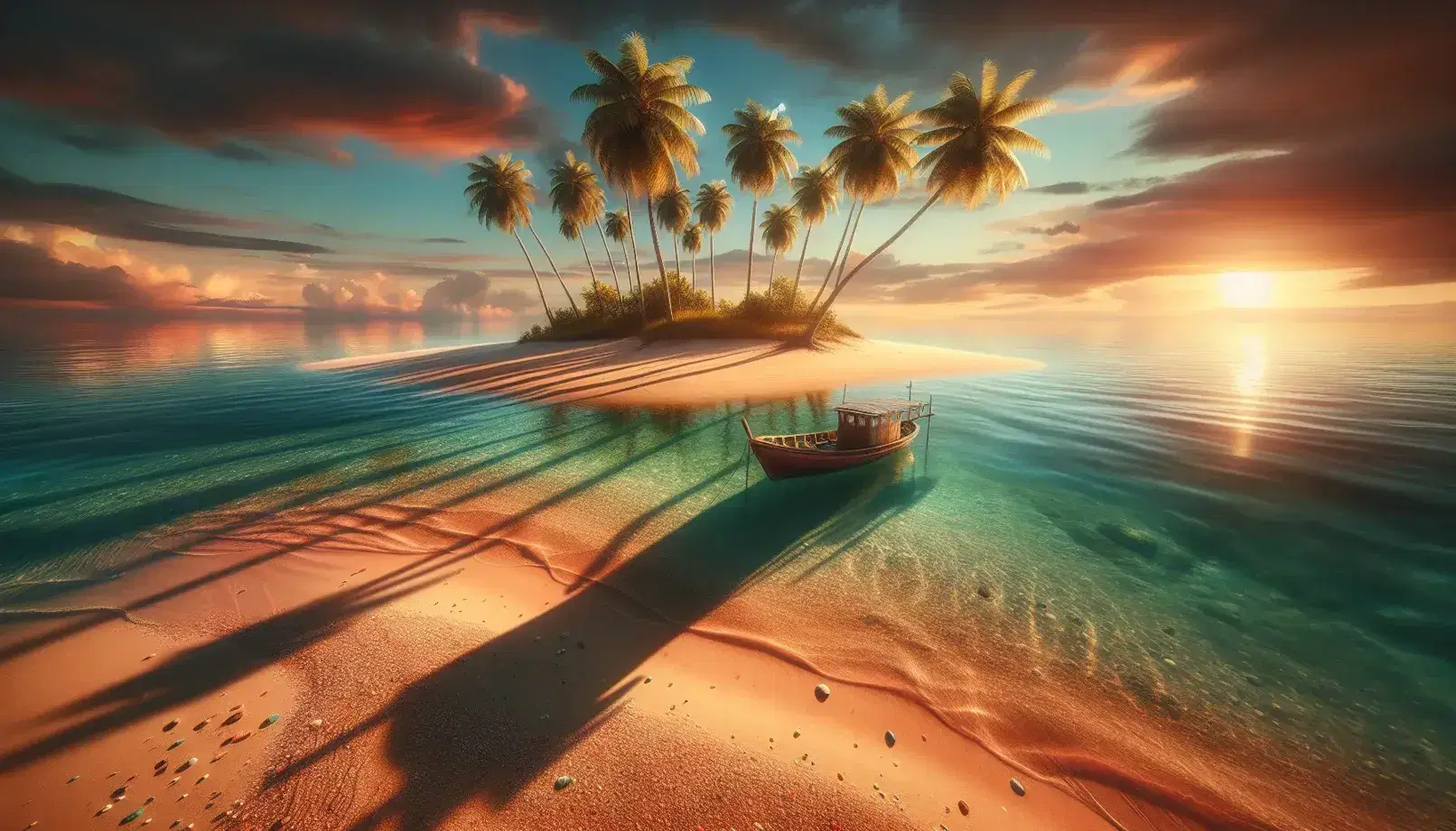 Serene tropical island with palm trees and a weathered fishing boat at sunset, reflecting golden hues on turquoise to deep blue sea waters.