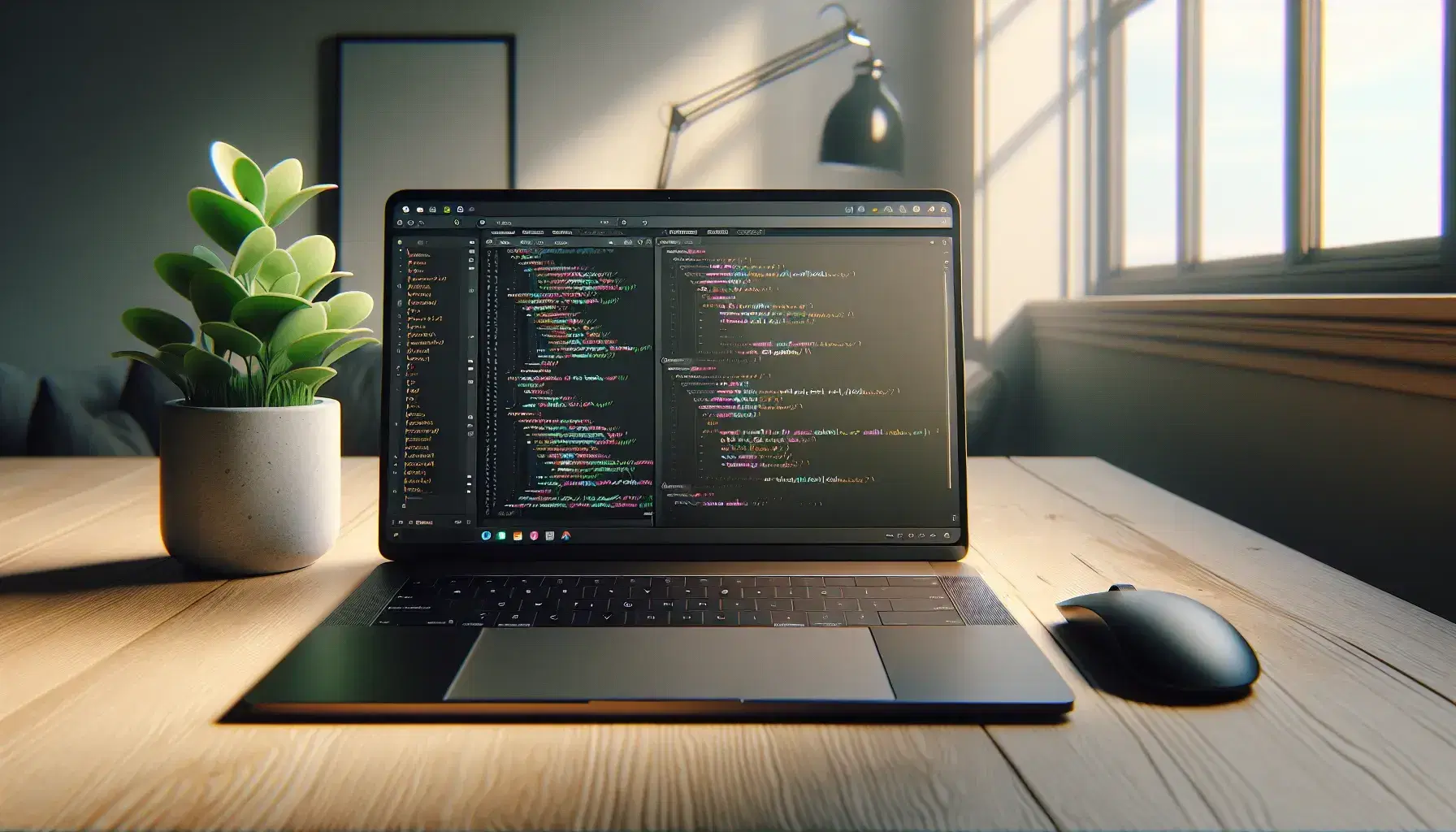Modern laptop on light wooden desk with code editor on the left and web preview on the right, wireless mouse and green plant.