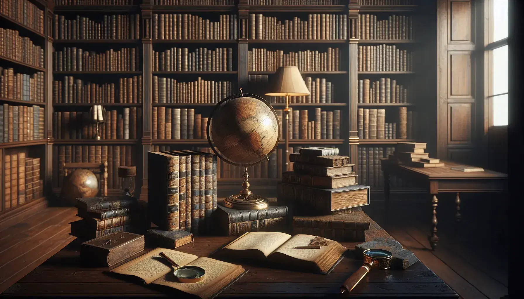 Biblioteca antigua con estanterías de madera oscura llenas de libros, mesa central con globo terráqueo y lupa sobre libro abierto, iluminada por lámpara de pie y luz natural.