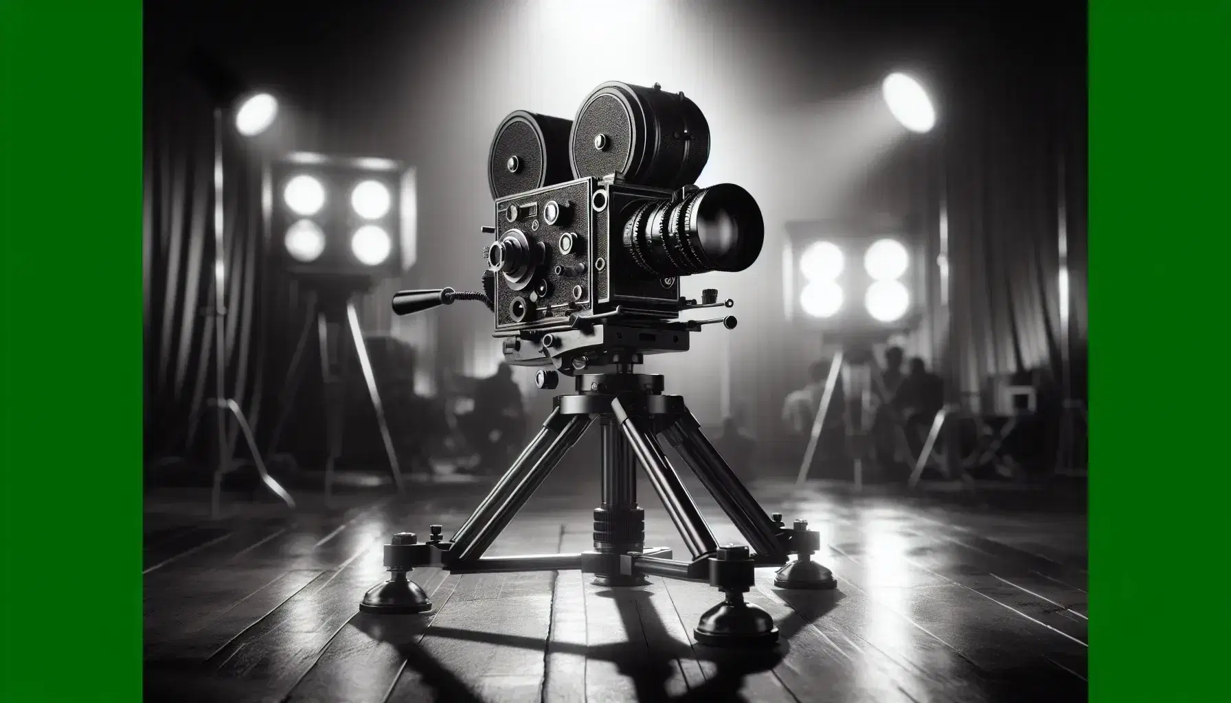 Macchina da presa vintage su treppiede con sfondo sfocato di set cinematografico, riflessi metallici e dettagli di lenti e mirino esterno.