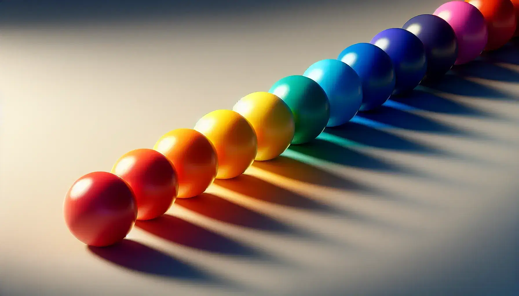 Colorful spheres in a row forming a rainbow spectrum on a neutral background, with subtle shadows highlighting their three-dimensionality.