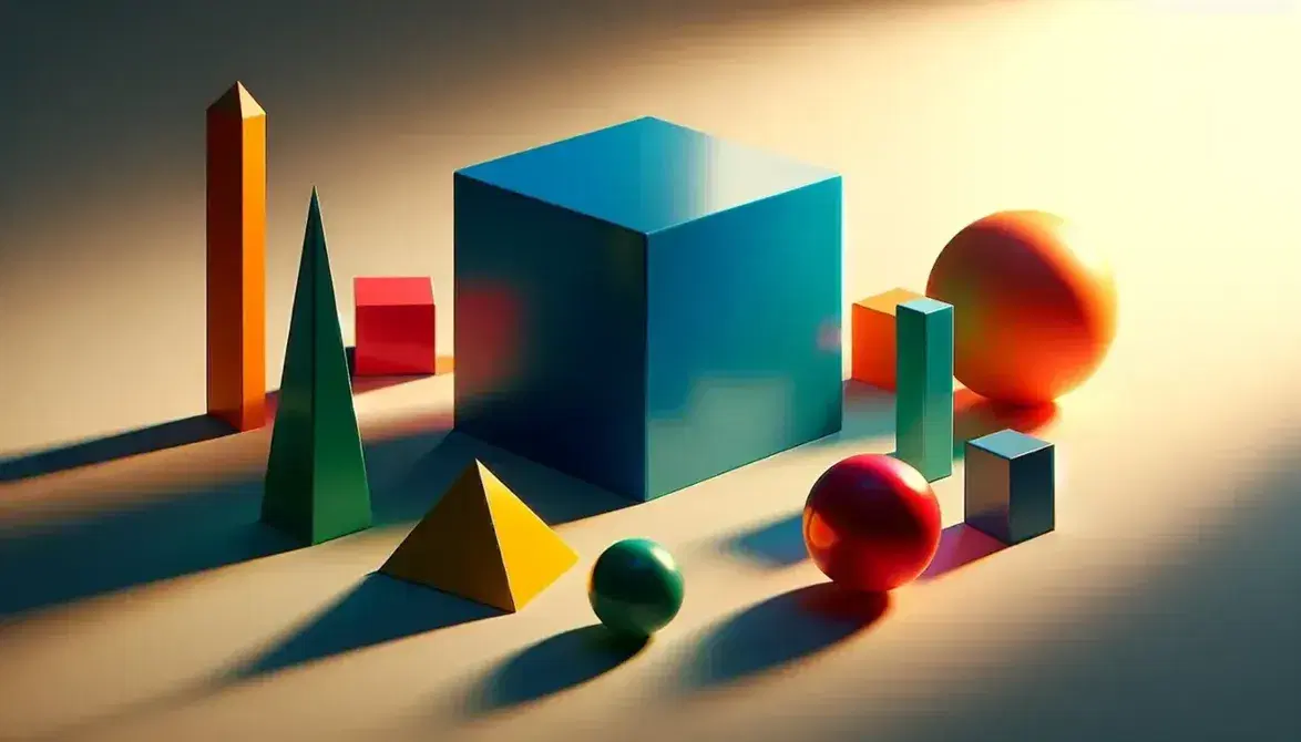 Colección de figuras geométricas 3D en colores vivos con un cubo azul, esfera roja, cilindro verde y cono amarillo sobre superficie neutra.