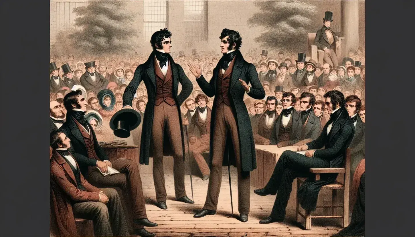 Historic 19th century scene with three men in period clothing arguing in front of a crowd, with classical building in the background.