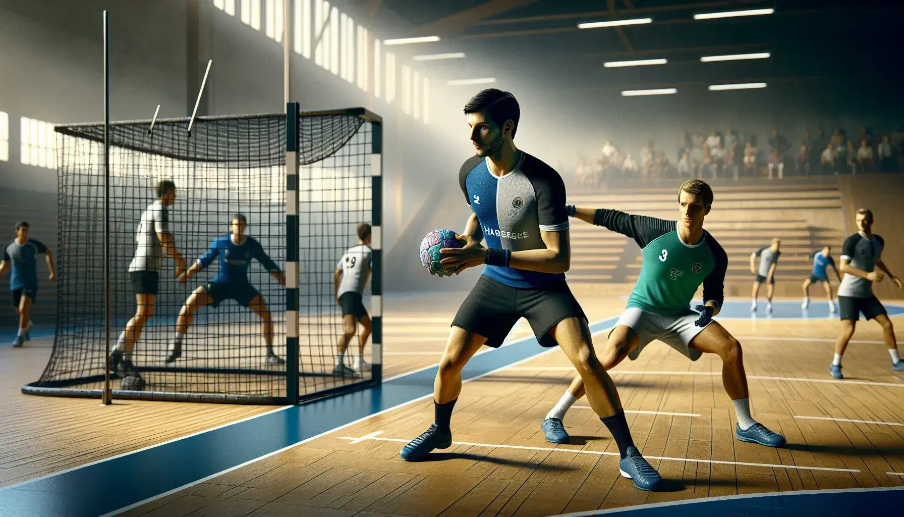 Jugadores de balonmano en acción en la cancha, uno con uniforme azul y otro con blanco, defendiendo cerca de la portería con portero atento.