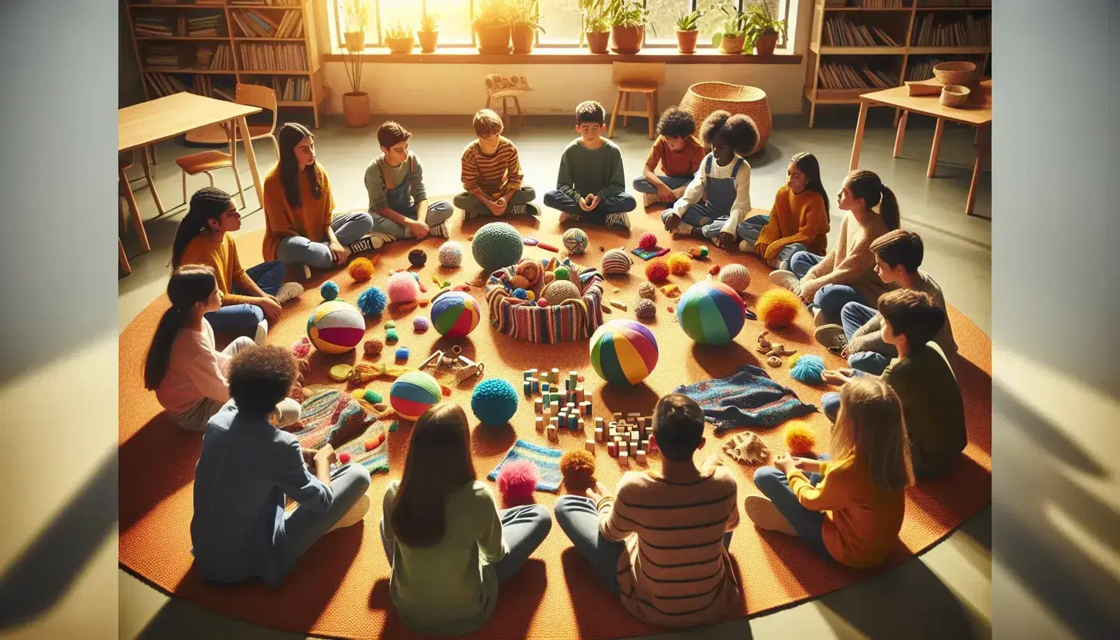 Grupo diverso de estudiantes sentados en círculo en el suelo de un aula, interactuando con objetos sensoriales bajo luz natural.