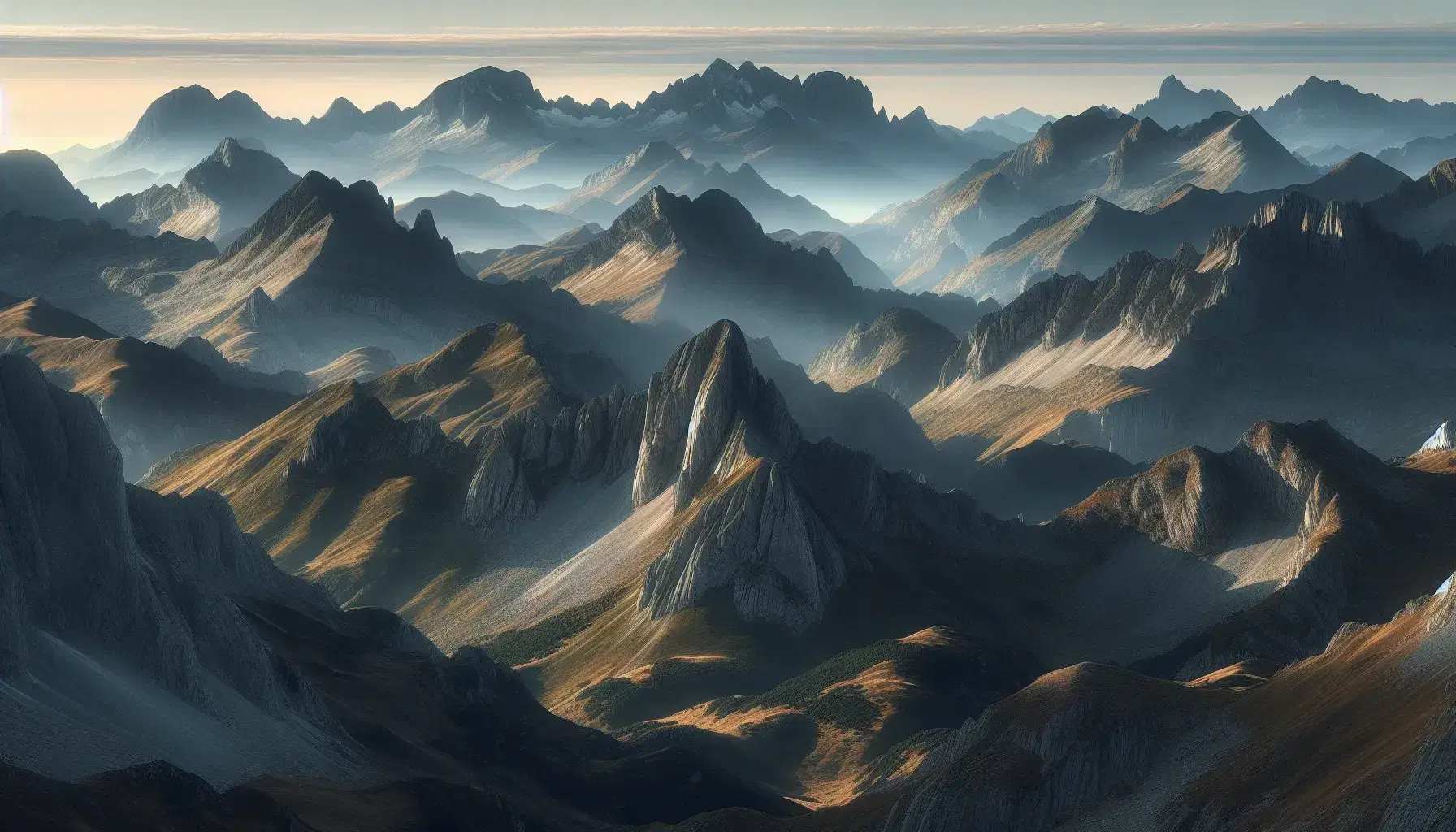 Vista panorámica de una cadena montañosa en España con cumbres rocosas, vegetación en tonos verdes y marrones, y cielo azul con nubes dispersas.