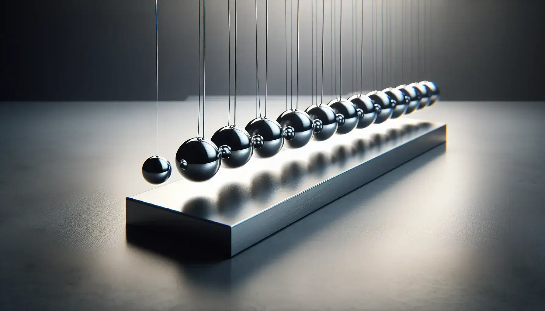 Péndulos de Newton en movimiento con esferas metálicas brillantes suspendidas y la primera en alto a punto de impactar, sobre base negra mate.