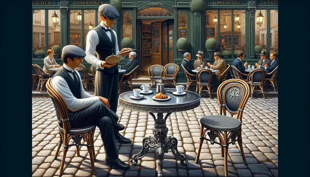 Outdoor French café scene with a set table featuring a croissant, glass cups, a waiter checking his pocket watch, and patrons in conversation.