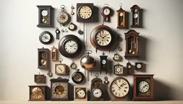 Collezione di orologi antichi in legno e metallo con quadranti in avorio e lancette decorative, alcuni con pendoli visibili, su sfondo chiaro.