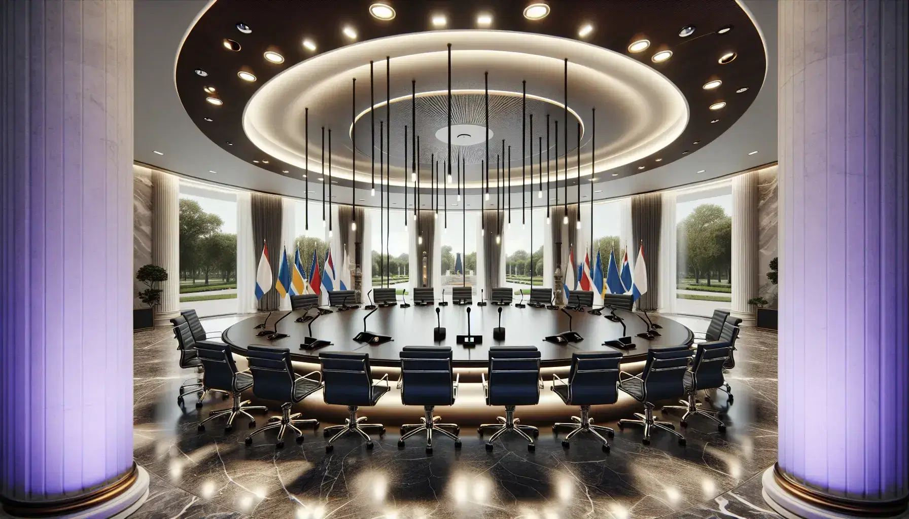 Sala de reuniones elegante con paredes de mármol blanco, mesa ovalada de madera oscura, sillas con tapizado azul y micrófonos, iluminada por luces empotradas y ventanales con vista a jardines.