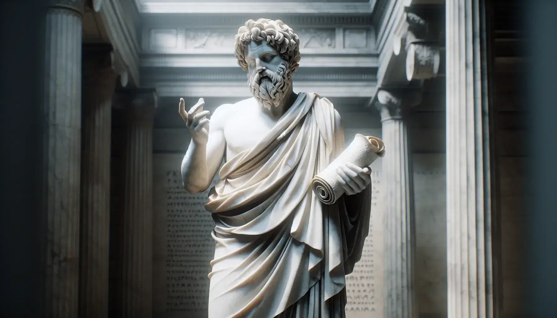 Statua in marmo di filosofo greco antico con pergamena e mano alzata in gesto didattico su piedistallo, sfondo di elementi architettonici greci.