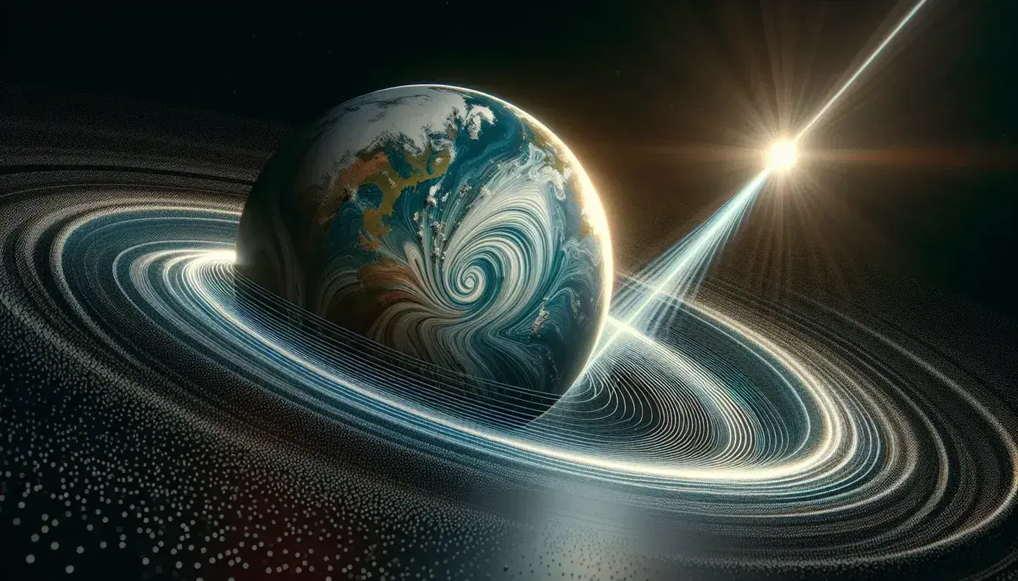 Earth-like planet with blue-green surface and white clouds, light beam curving by gravity, black starry background.