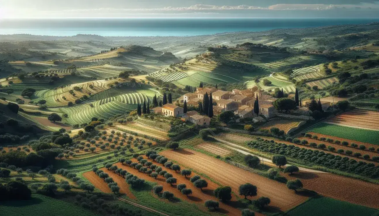 Paesaggio italiano meridionale con colline verdi, campi coltivati, villaggio con tetti in terracotta e mare azzurro in lontananza.