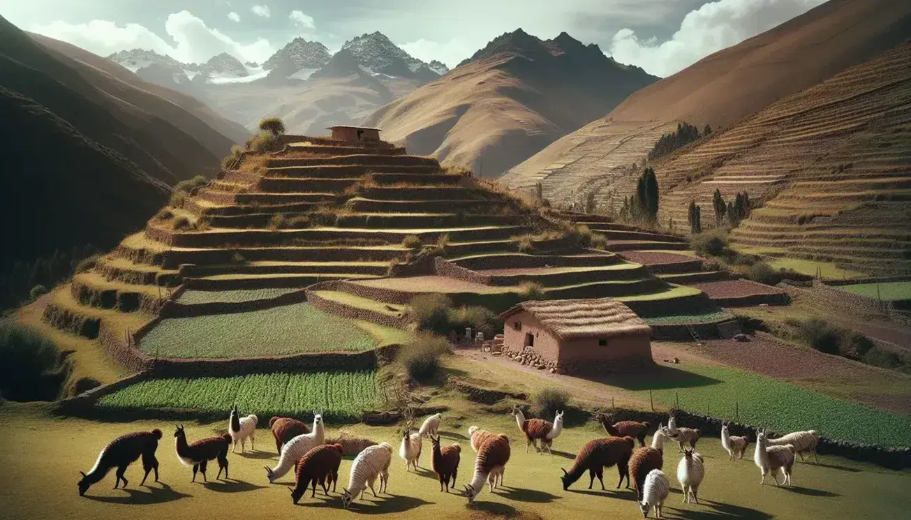 Llamas de colores pastando en campo verde con terrazas de cultivo y casa de adobe en las alturas de Perú, bajo un cielo azul con montañas nevadas al fondo.