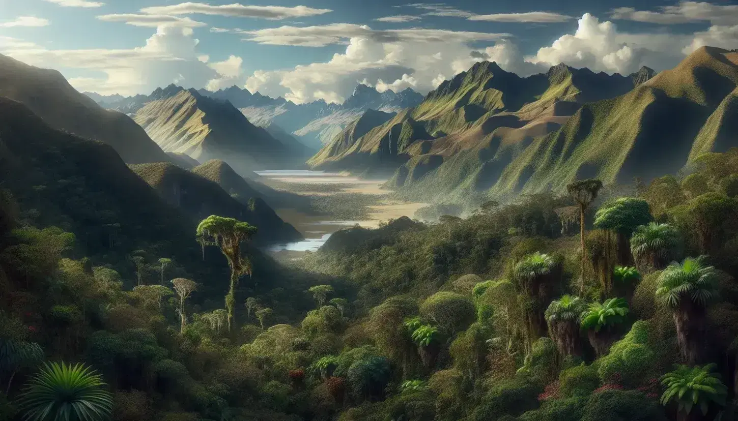 Vista panorámica de la selva amazónica peruana con frondosa vegetación verde, montañas andinas al fondo y un lago tranquilo reflejando el cielo azul.