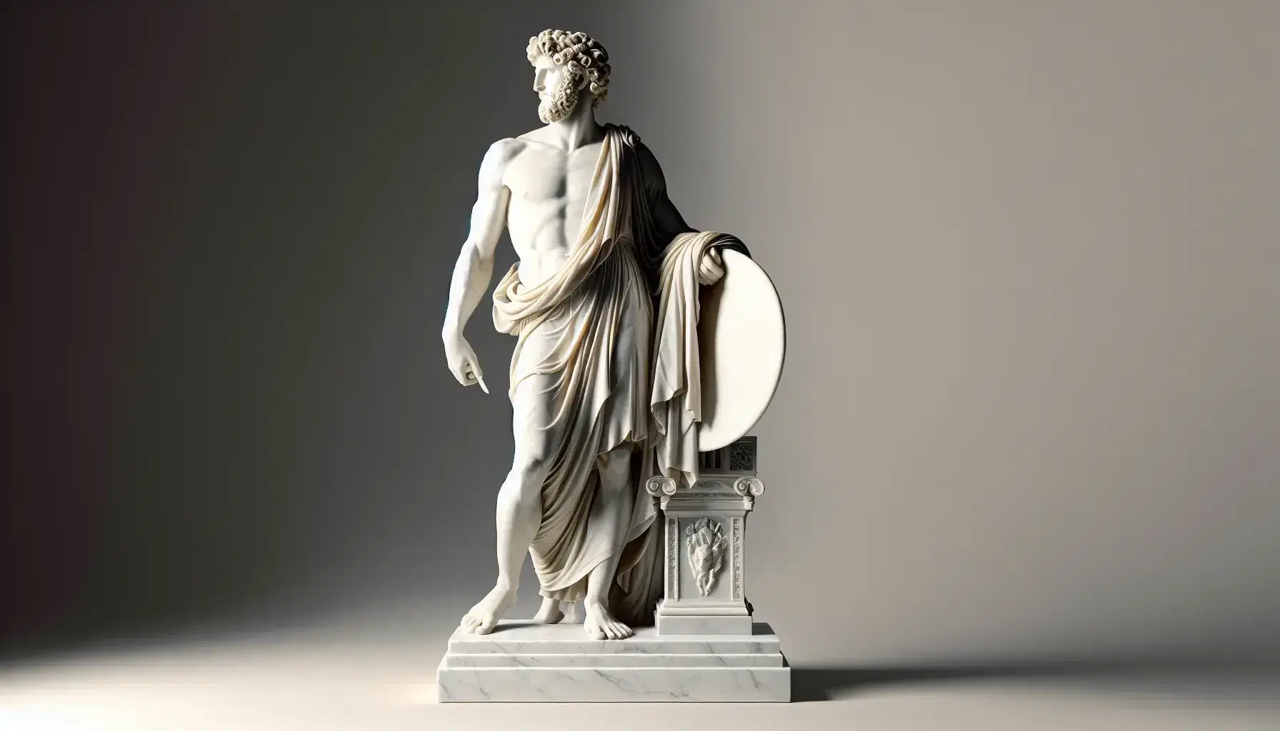 Escultura de mármol blanco de hombre con barba y toga, sosteniendo escudo y espada, sobre base rectangular, con iluminación suave que resalta su musculatura.