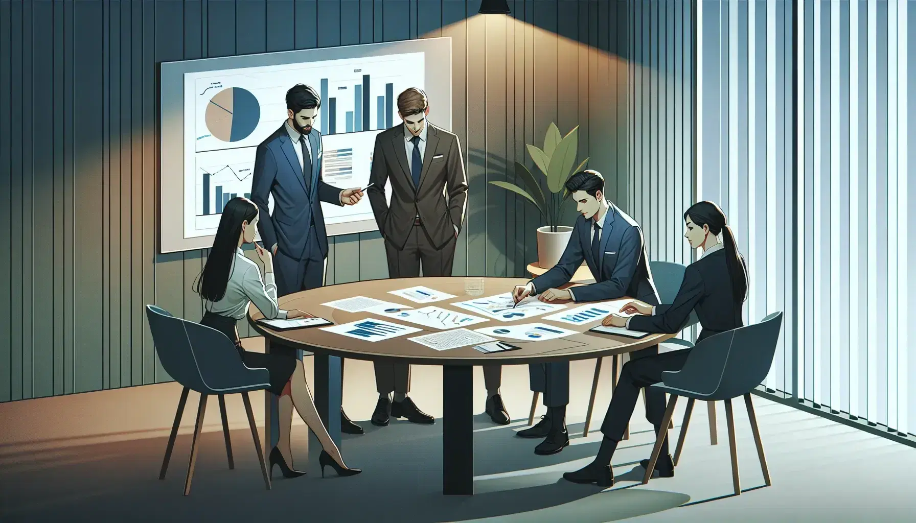 Cuatro profesionales en reunión de trabajo analizando gráficos y datos en una mesa redonda, con vestimenta formal y ambiente colaborativo.