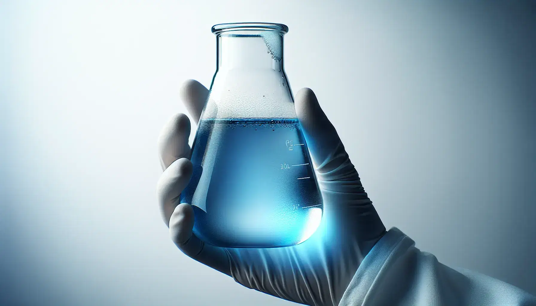 Hand in white latex glove holds cylindrical test tube with blue liquid on white background, tilt suggests gentle movement.