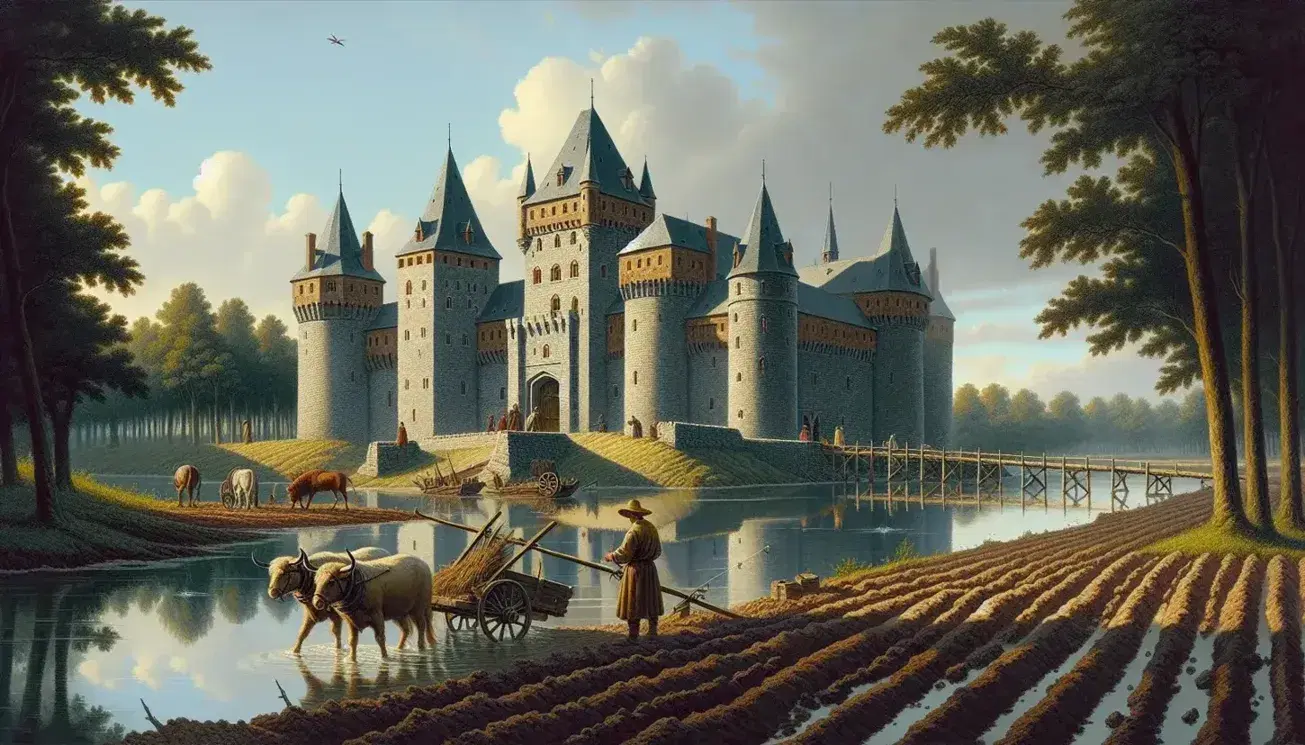 Castillo medieval de piedra gris con torres y almenas, rodeado de un foso y unido por un puente levadizo, campesino arando campo con bueyes cerca de un bosque bajo cielo azul.