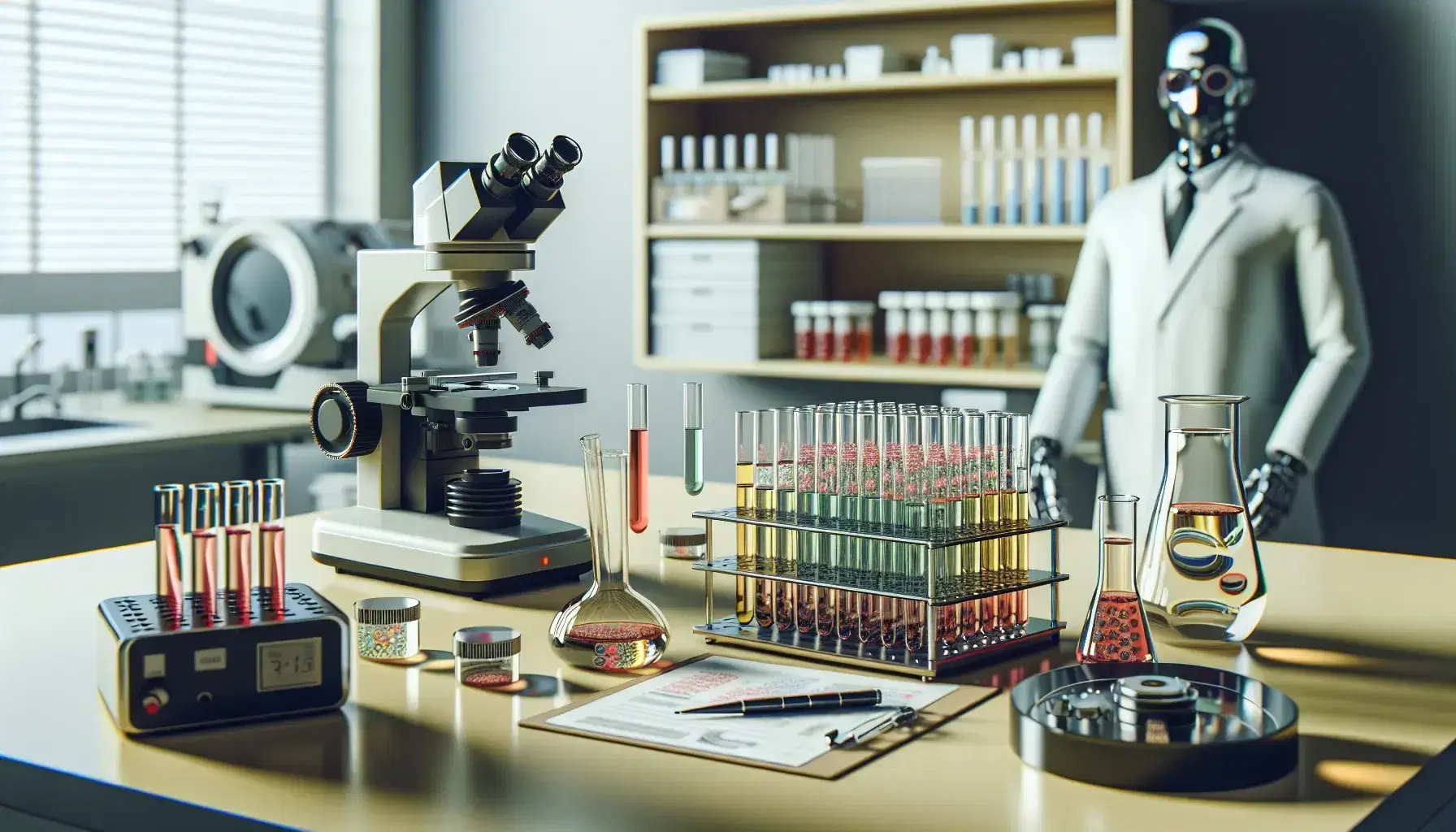 Escena de laboratorio clínico con tubos de ensayo de colores, microscopio moderno, centrífuga y técnico de laboratorio trabajando con pipeta.