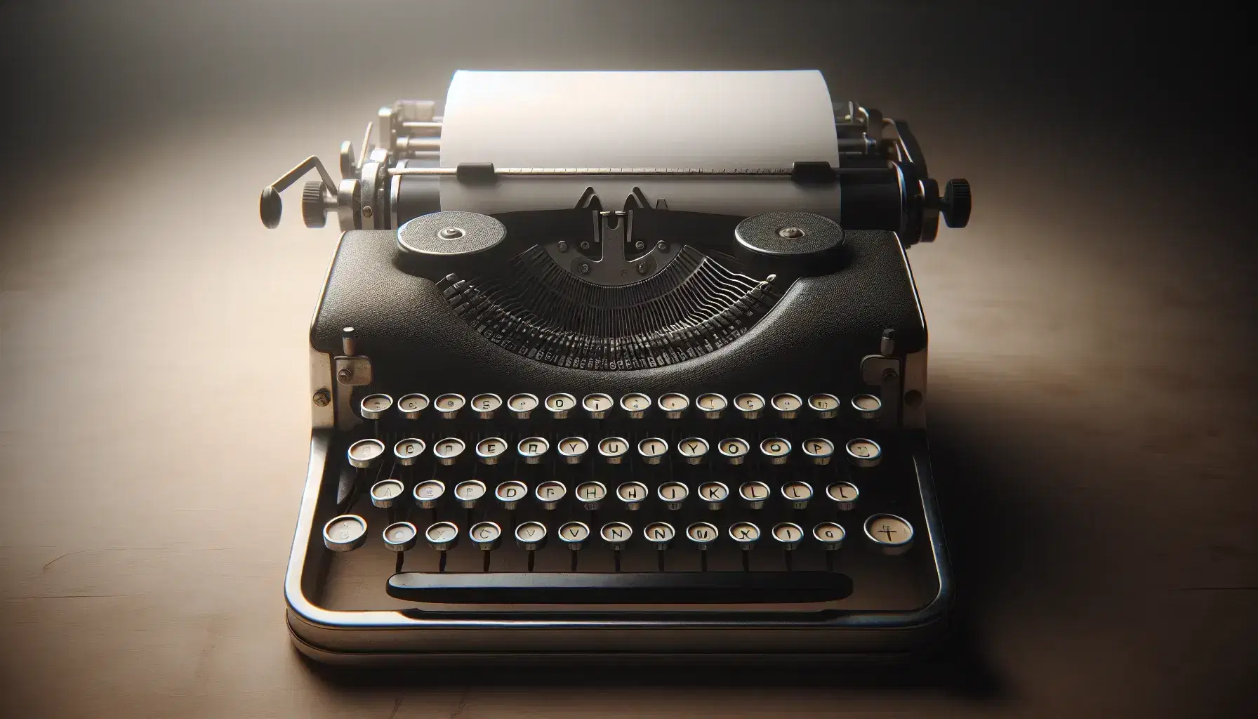 Close-up view of a vintage typewriter with blank paper, showcasing round keys and a dark gray metallic finish in a softly blurred background.
