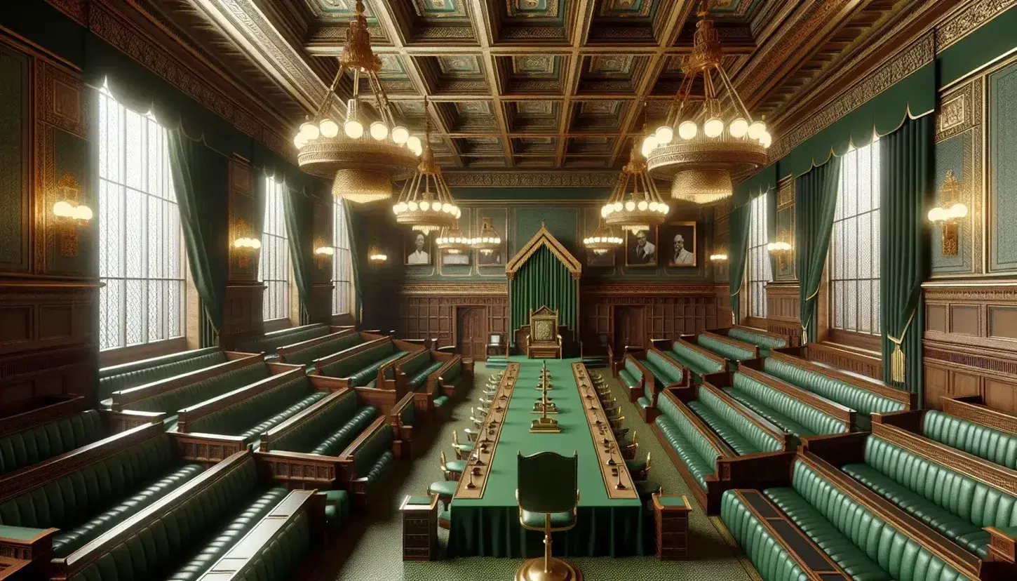 Elegant parliament chamber with green leather benches, speaker's chair with canopy, brass microphones, and ornate gilded ceiling.