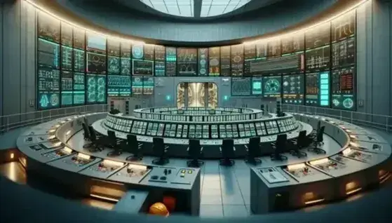 Sala di controllo di una centrale nucleare con pannelli curvi, schermi dati, operatori in tute blu, casco giallo in primo piano e tubature argento.