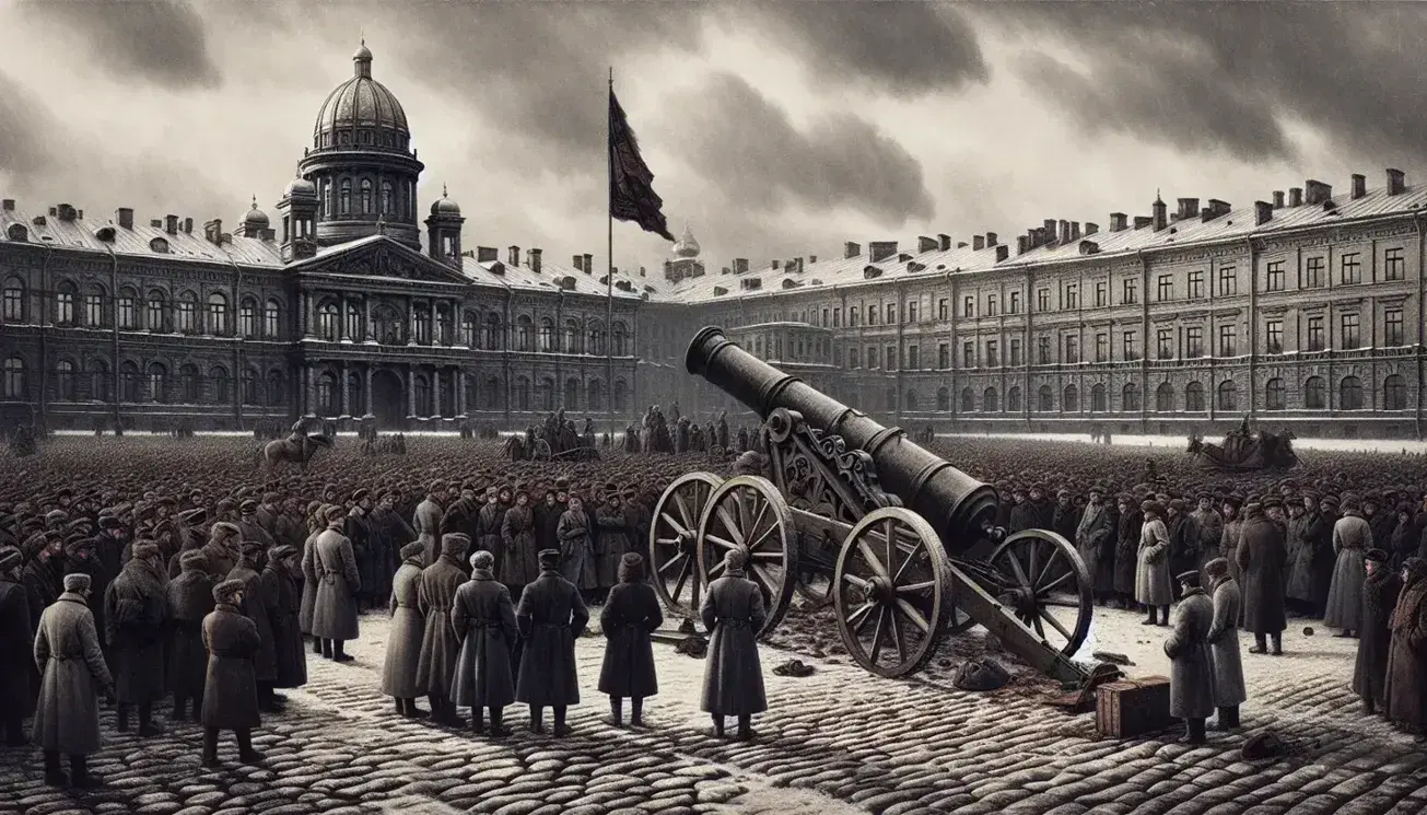 Grupo de personas con vestimenta de principios del siglo XX en plaza europea con cañón antiguo, edificios históricos y cielo nublado.