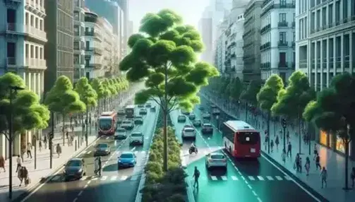 Vibrant urban street in Spain with lush green tree, diverse pedestrians, colorful vehicles in motion, and buildings under a blue sky with faint haze.