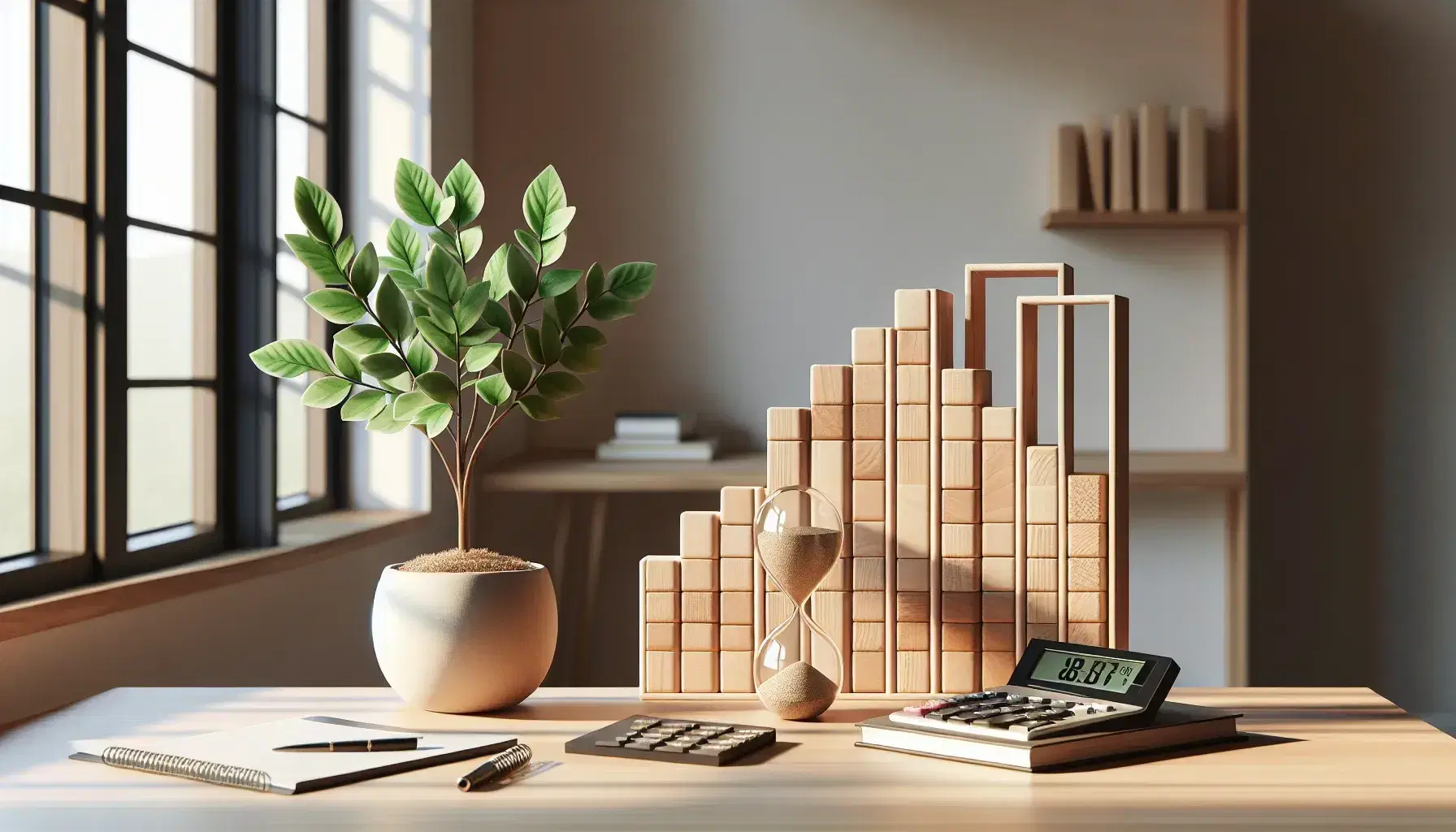 Escritorio de oficina con calculadora apagada, gráfico de barras 3D de madera, planta en maceta blanca y reloj de arena, iluminados por luz natural.