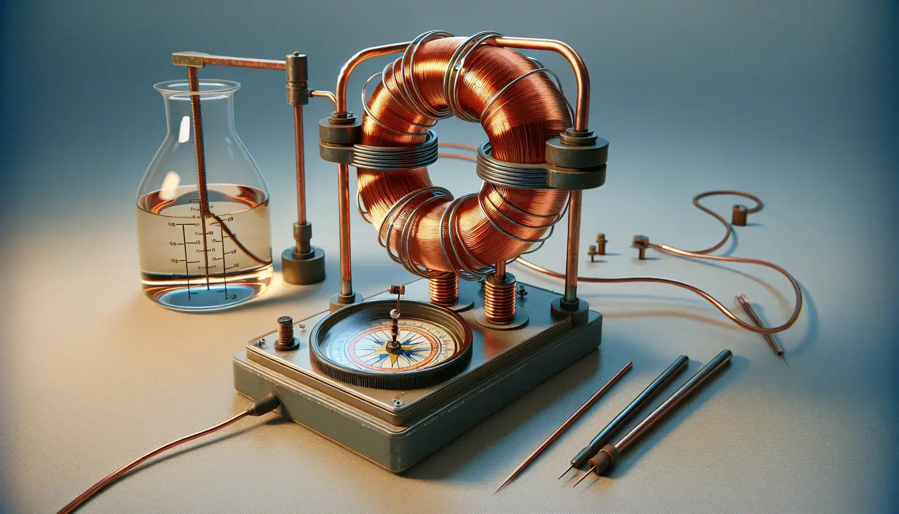 Laboratory physics experiment with a copper solenoid connected to a power supply, a compass indicating a magnetic field, and iron filings in water aligning with the field.