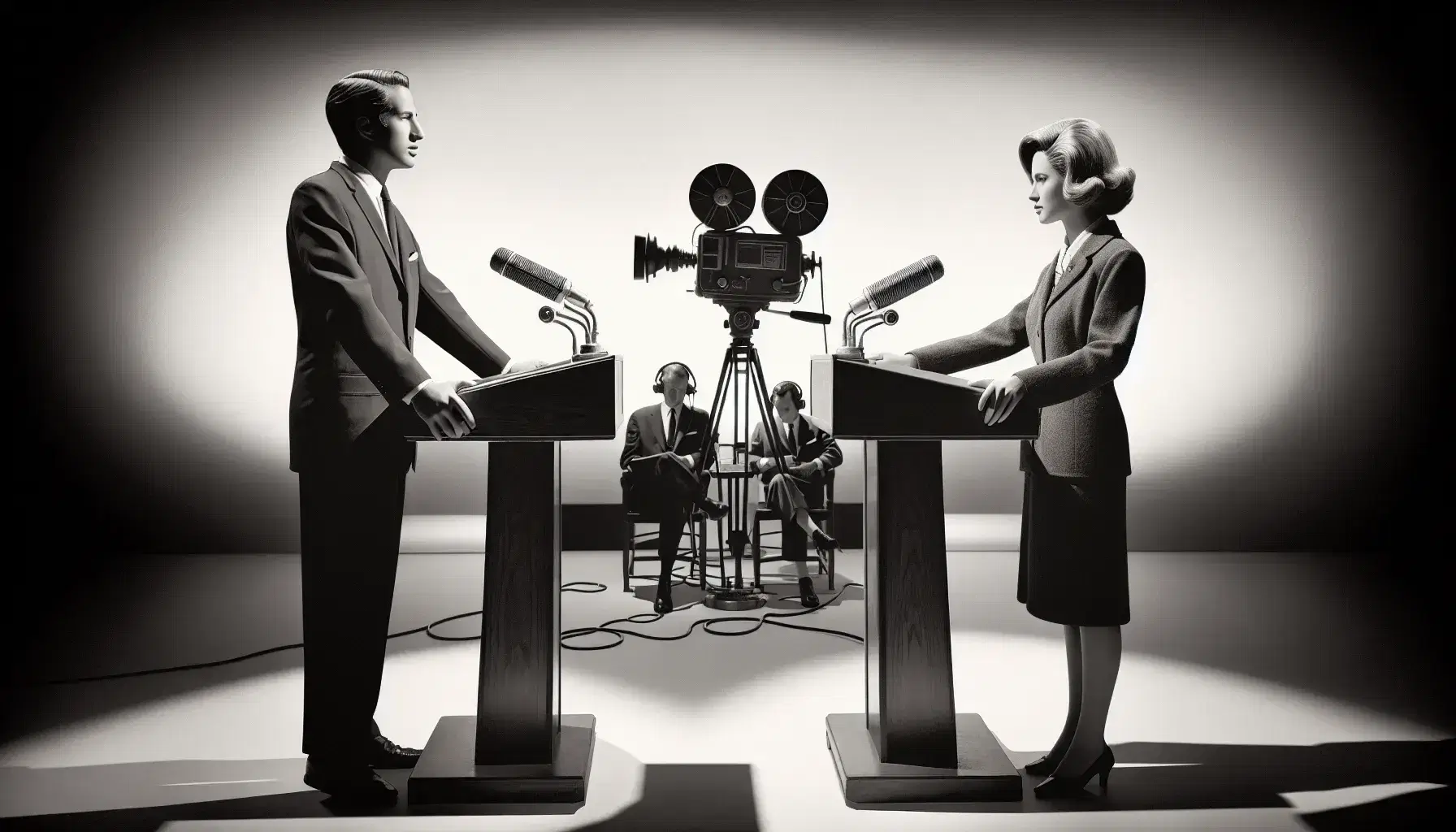 1960s-style black and white debate scene with two men in suits at podiums, one gesturing, the other leaning in, with a vintage camera and operator in the background.