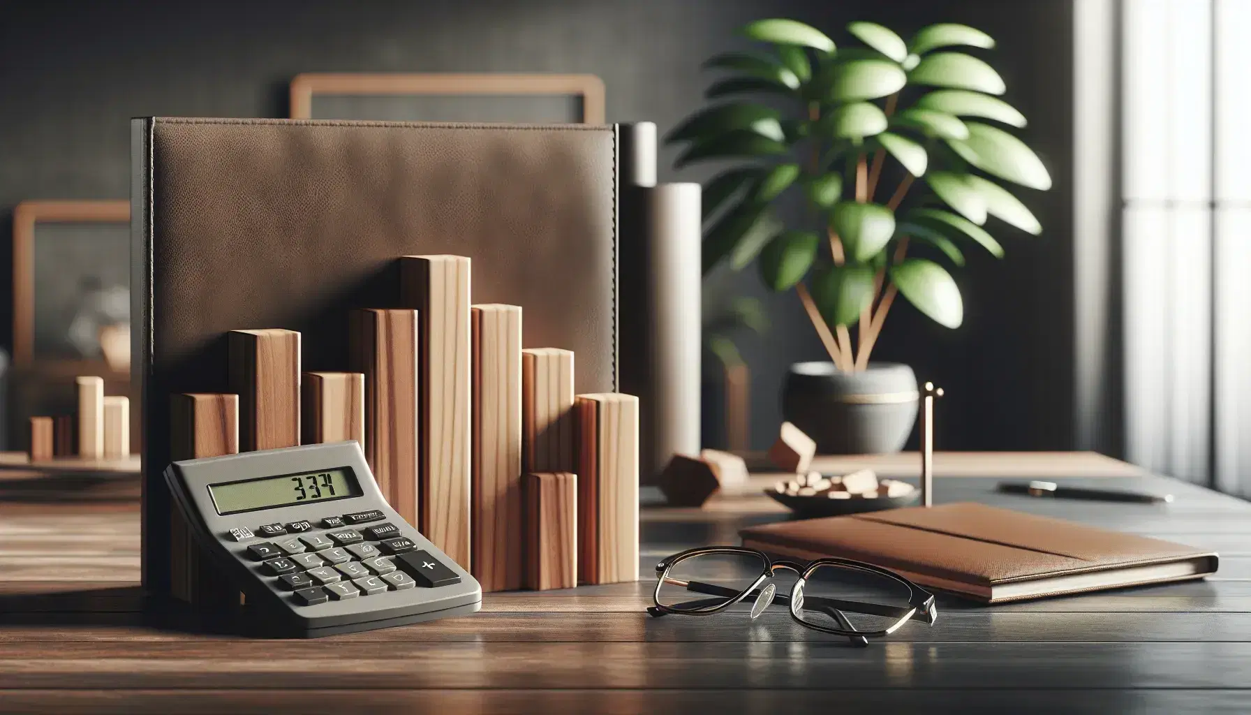 Escritorio de oficina con calculadora científica gris, gráfico de barras 3D de madera, gafas con montura metálica y portafolio cerrado, planta de interior al fondo.
