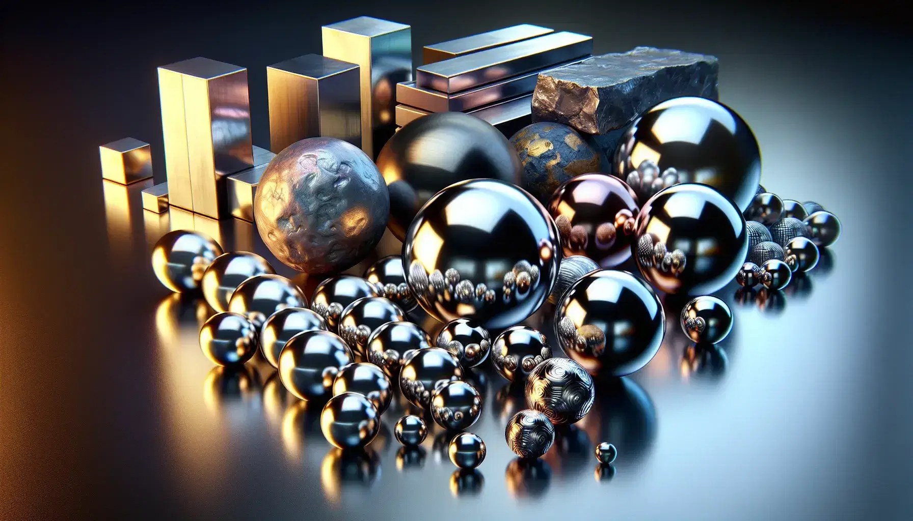 Colección de esferas metálicas pulidas y barras de diferentes metales sobre superficie oscura reflejante, con discos brillantes y mineral gris en el fondo.