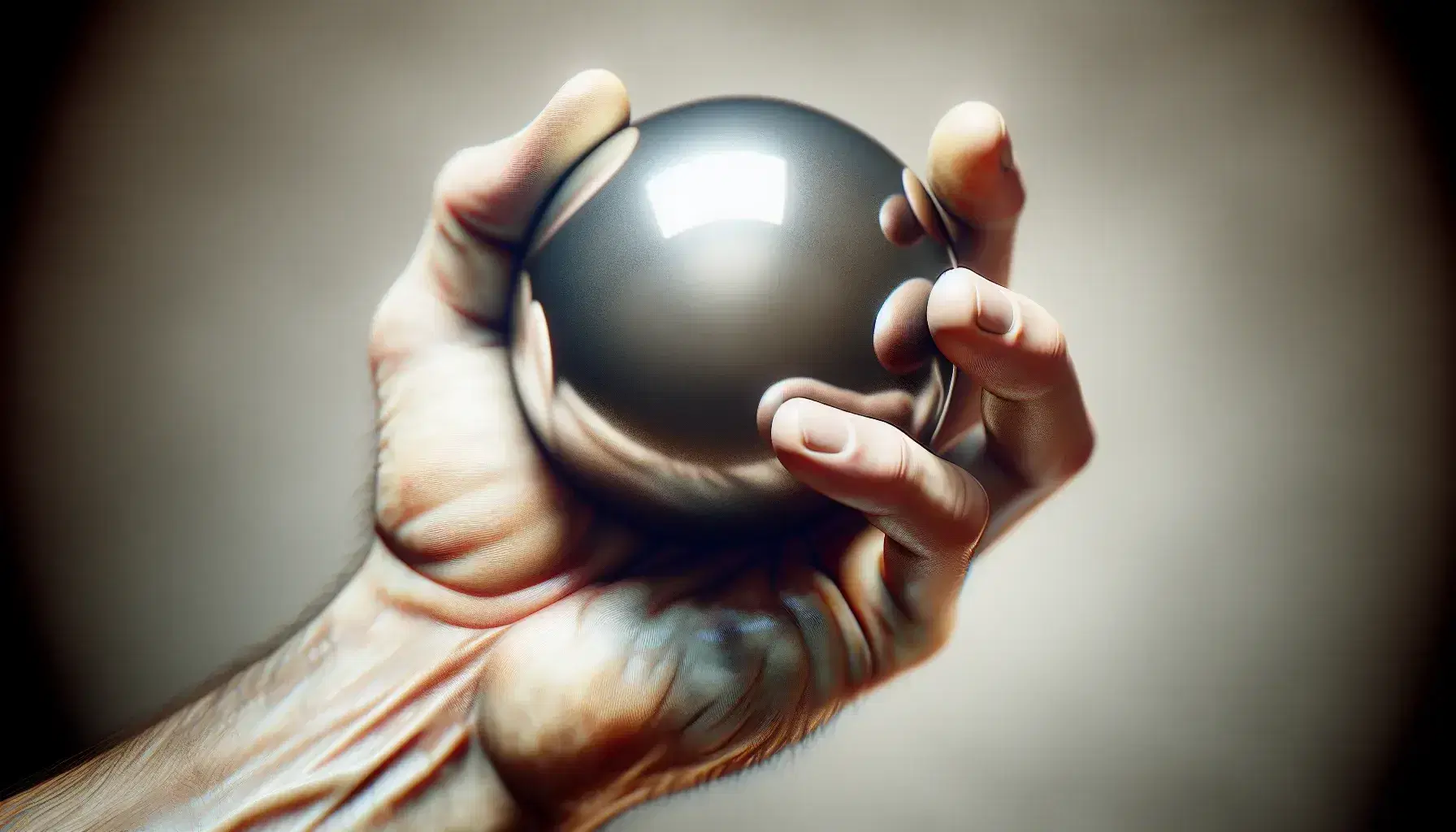 Mano umana con pelle leggermente rugosa tiene una sfera metallica lucida, riflessi di luce evidenziano la tridimensionalità dell'oggetto.