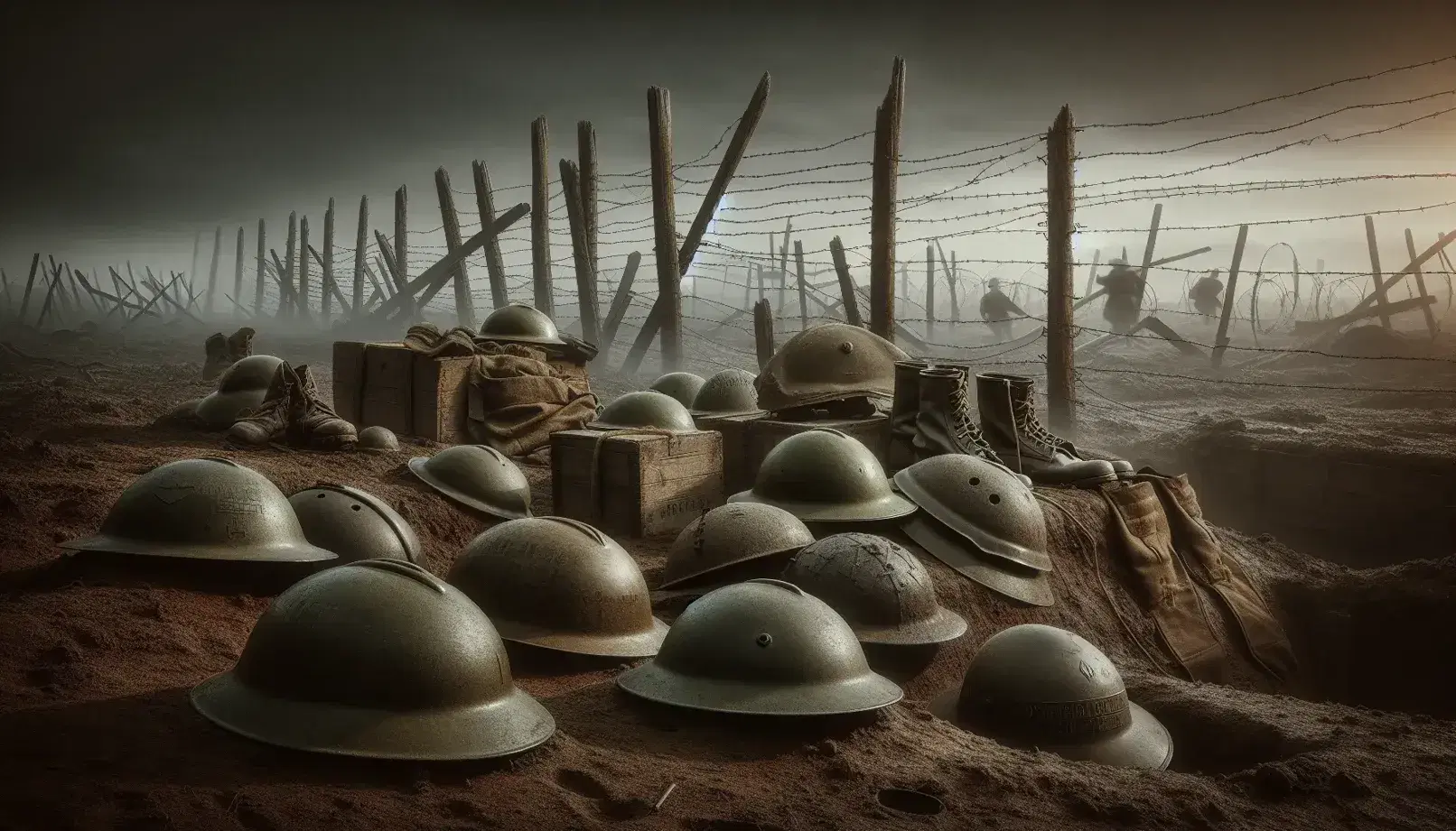Campo de batalla de la Primera Guerra Mundial con cascos militares antiguos dispersos, alambre de púas y árboles desnudos en un cielo nublado.