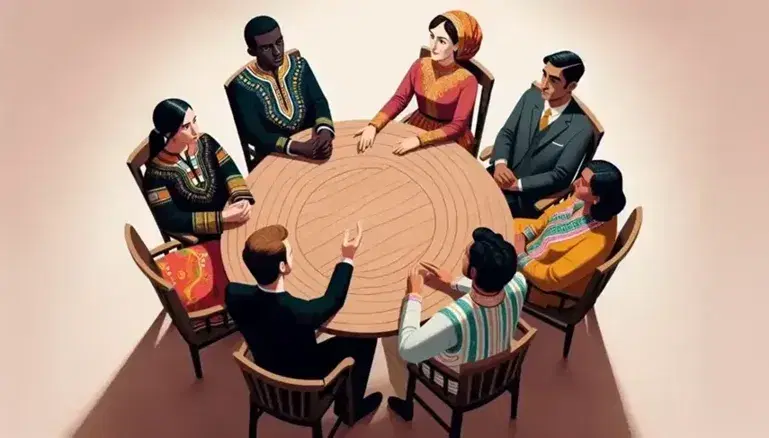 Diverse group of six individuals in ethnic and professional attire engaged in discussion around a wooden table, representing cultural unity.
