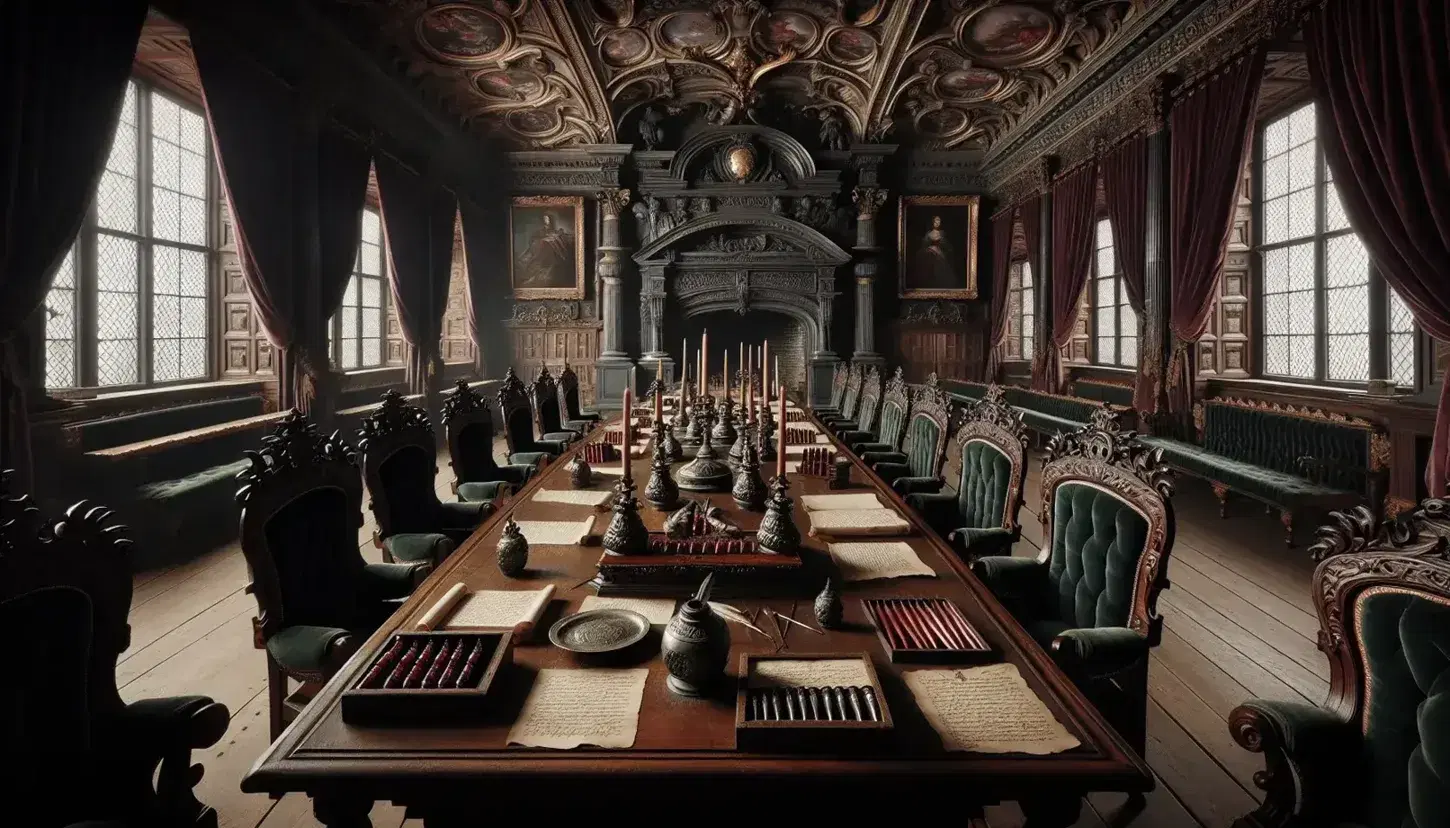 17th-century styled room with high ceilings, arched windows, oak table with quill pens and parchment, velvet chairs, and oil paintings of nobles.