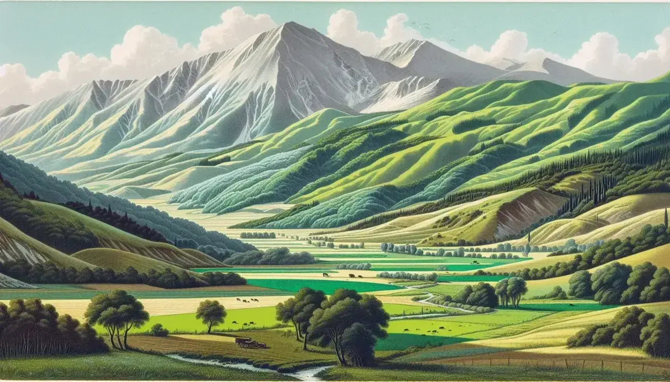 Paesaggio italiano con pianura verde, colline ondulate e montagne innevate sullo sfondo sotto un cielo azzurro con nuvole sparse.