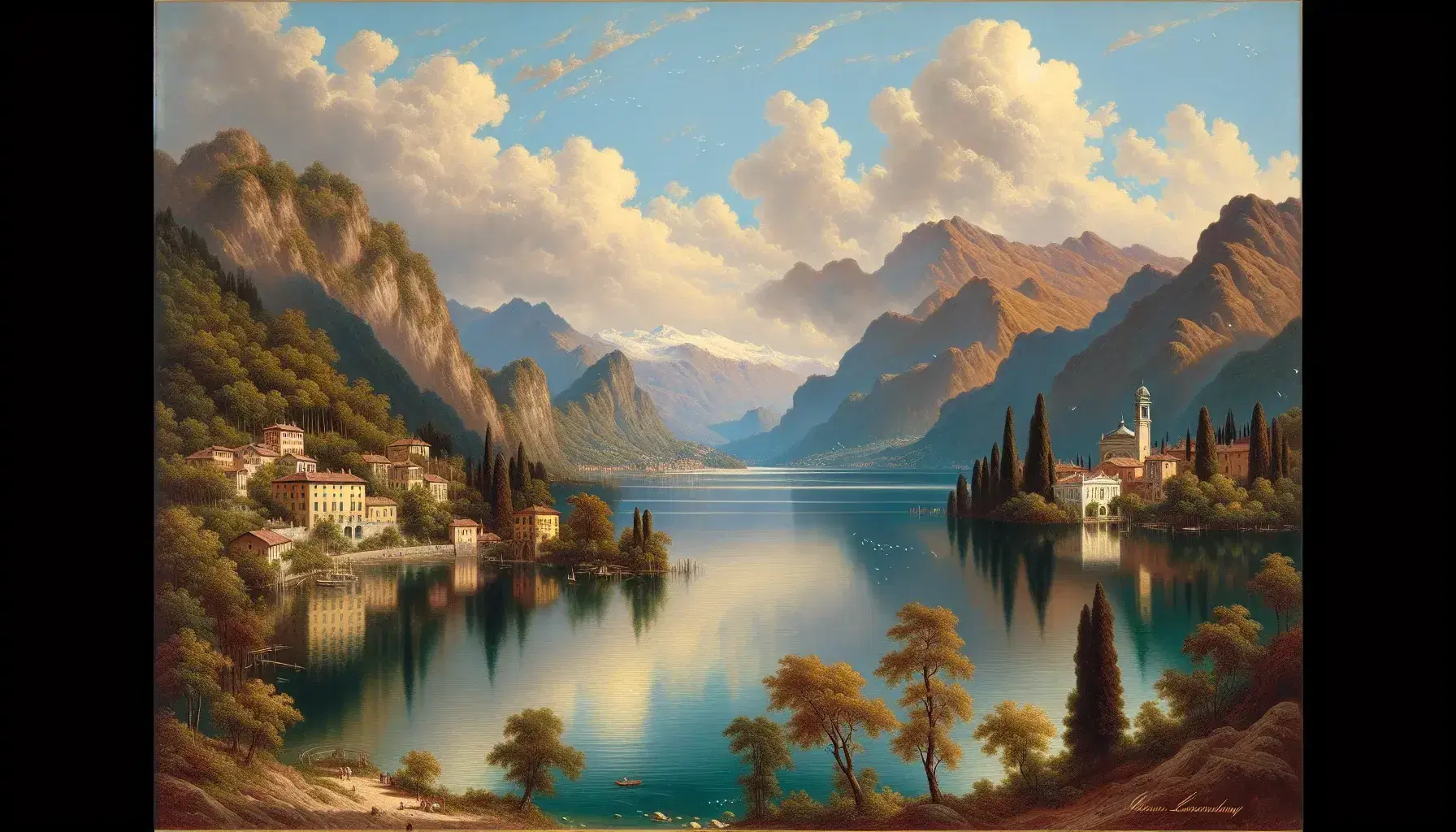 Pittoresco paesaggio del Lago di Como circondato da montagne verdi e brune con riflessi sull'acqua e cielo azzurro con nuvole.
