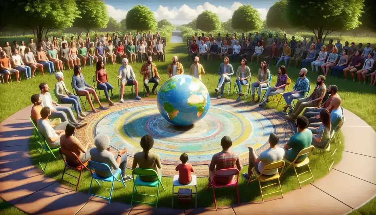 Gruppo multietnico seduto in cerchio su sedie colorate all'aperto con un globo al centro, discutendo in un parco soleggiato.