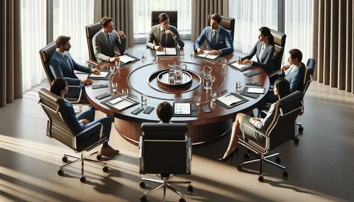 Six professionals in a meeting around a polished mahogany table with digital tablets, notepads, and a water pitcher, engaging in discussion in a well-lit room.