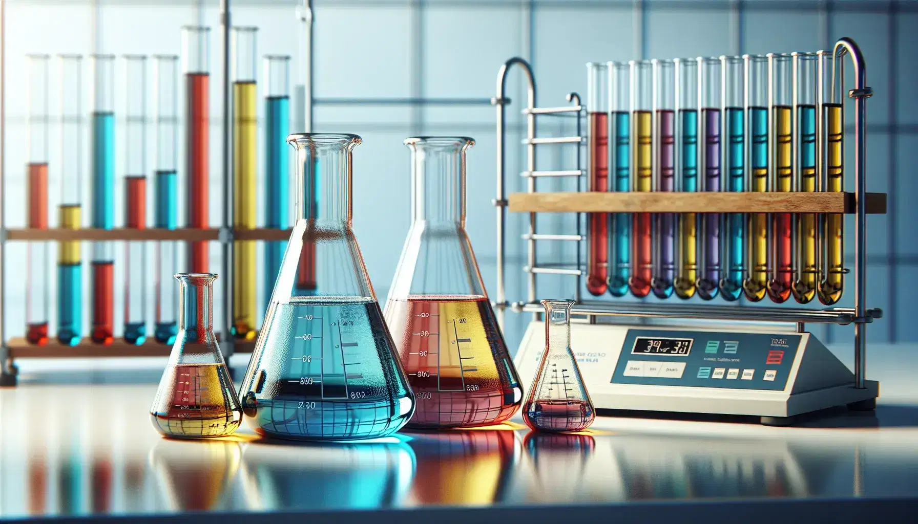 Laboratorio de química con matraces Erlenmeyer con líquidos de colores y tubos de ensayo en estante, junto a una balanza analítica.