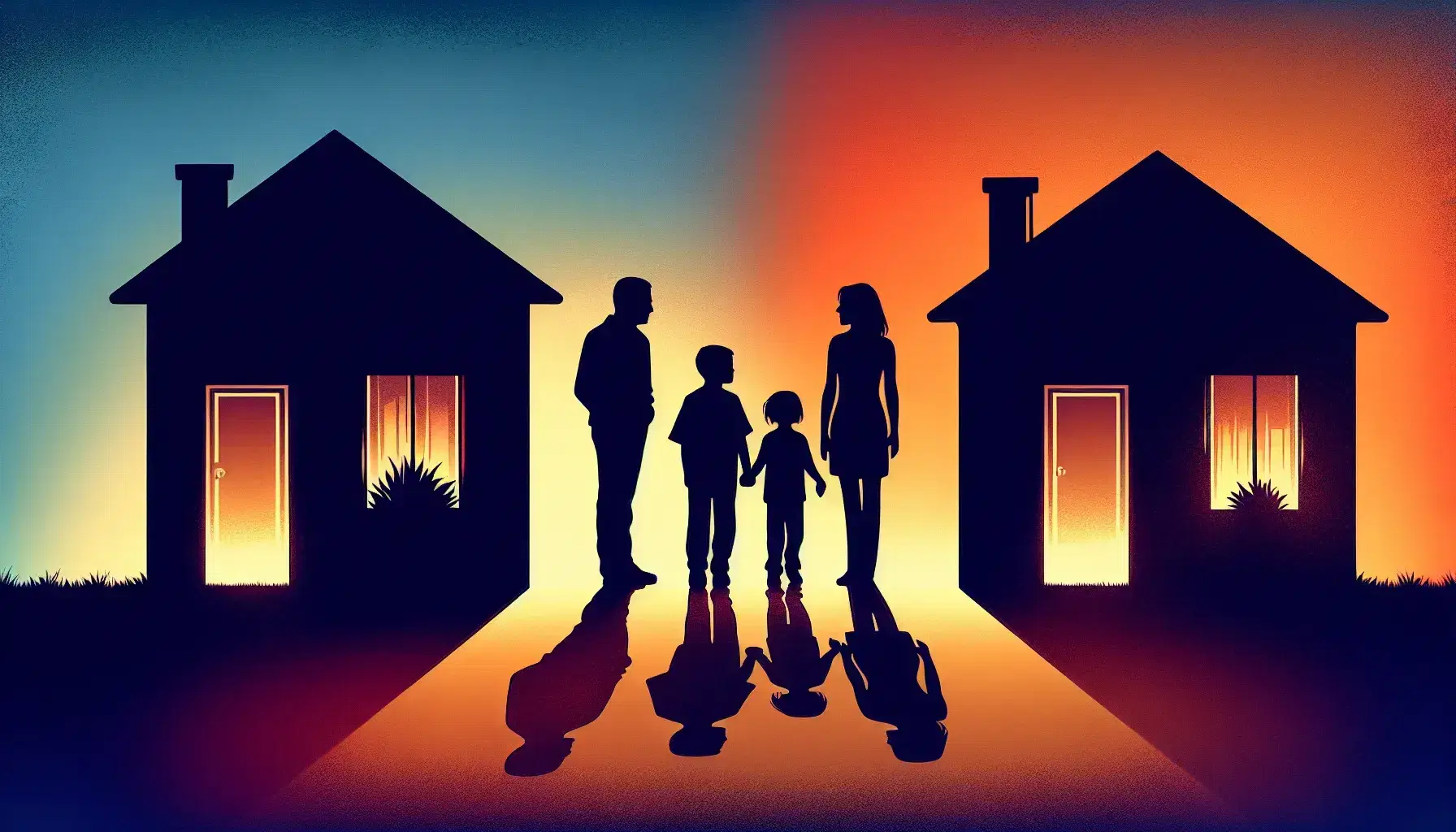 Family divided in silhouette with two adults and children in front of separate houses on orange to blue gradient background.