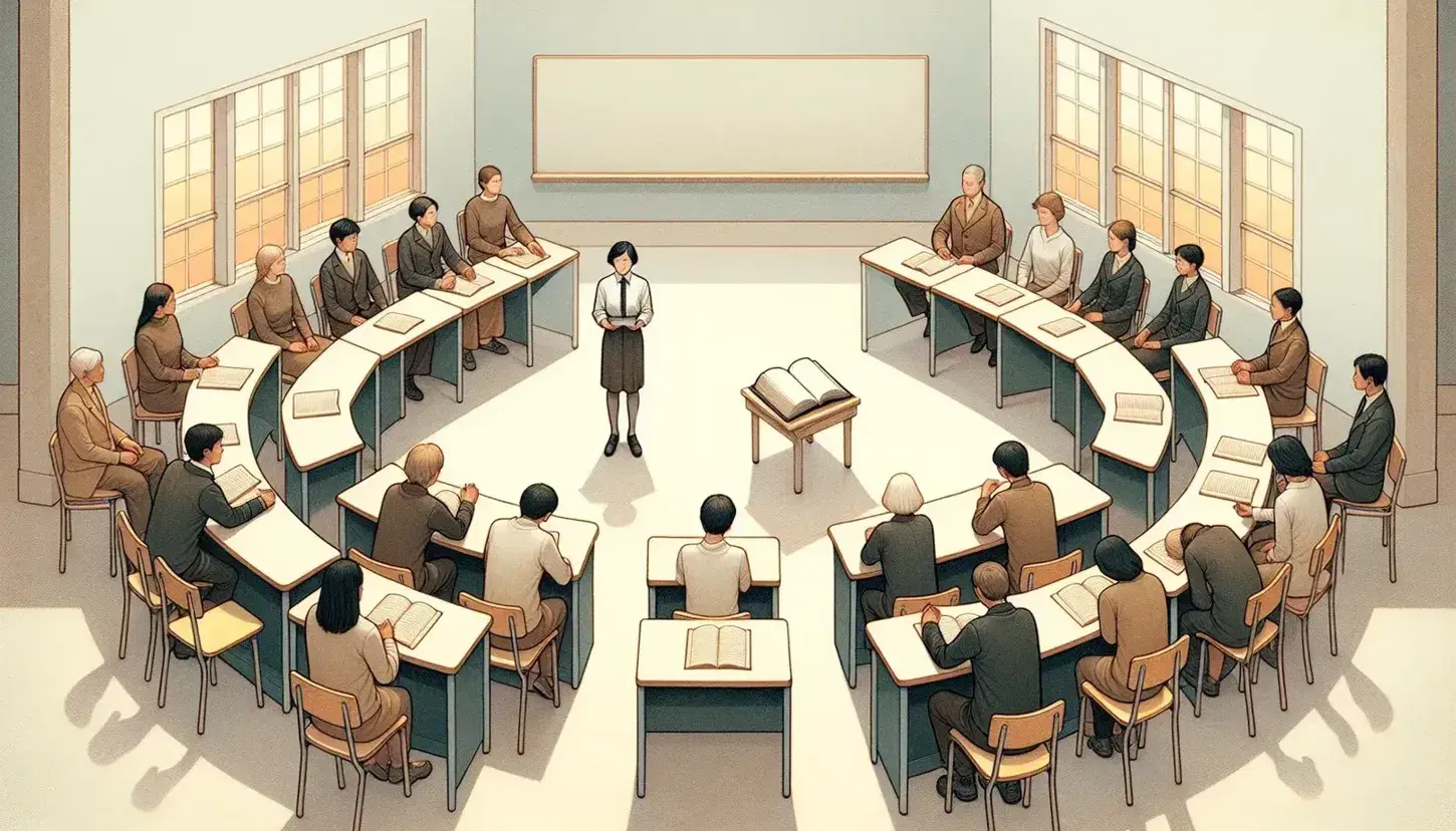 Diverse students attentively listen to a teacher gesturing during a lesson in a bright classroom, with a large blank book on a stand at the center.